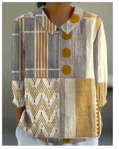 European And American Style Long-Sleeve Chinese-Style Bamboo-Stripe Linen Lapel Printed Fashionable All-Match Shirt