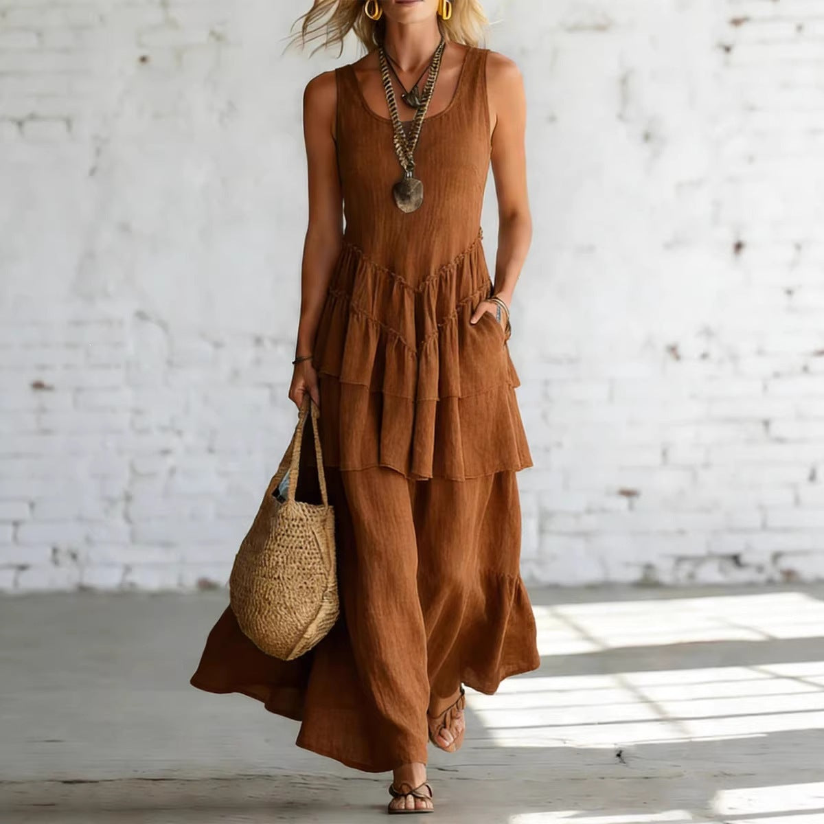 Cotton-linen Loose-fit Maxi Dress With A Sleeveless Design