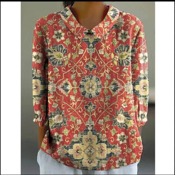 European And American Style Long-Sleeve Chinese-Style Bamboo-Stripe Linen Lapel Printed Fashionable All-Match Shirt