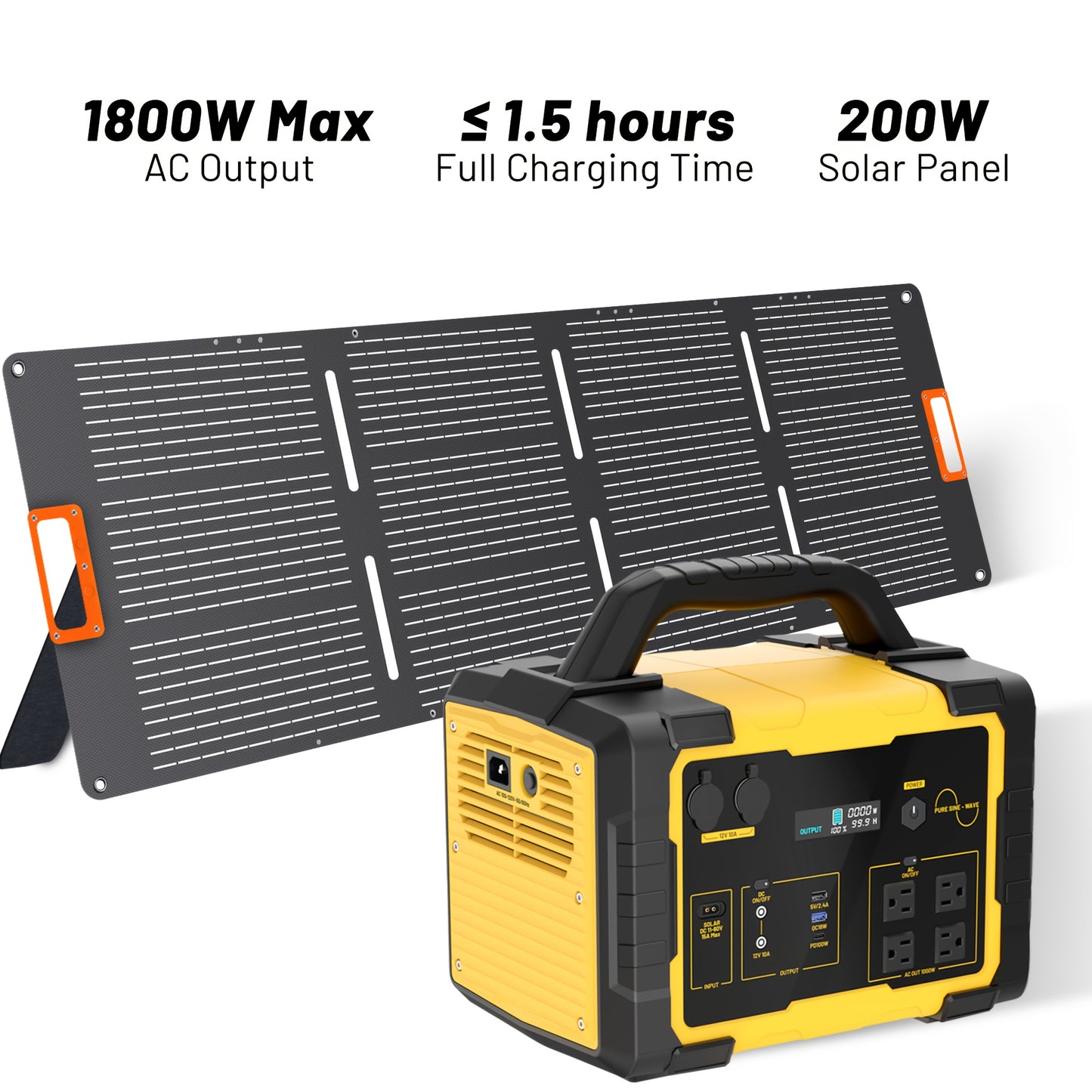 1800W 1024Wh Portable Power Station with 200W Solar Panel, 1024Wh LiFePO4 Battery, 1.2H Fast Charging, UPS Function, 4x1800W AC/100W USB-C Output Use As A Solar Generator for Home Backup Power, Camping & RVs, CPAP