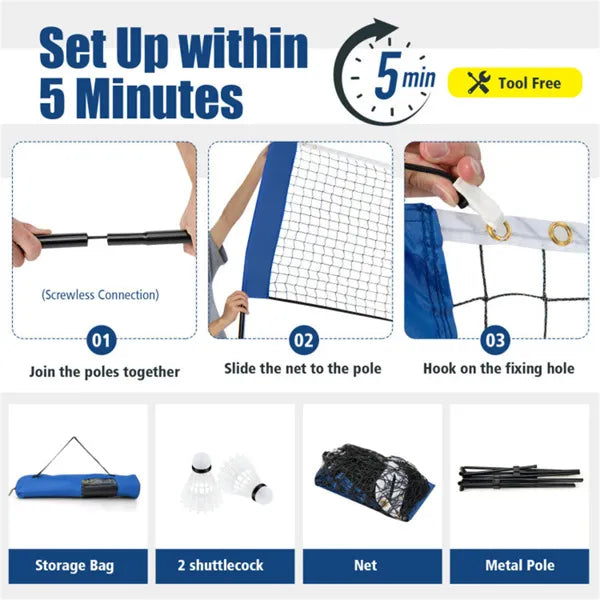 10ft Multi-Sport Net Set - Adjustable Height (33.5"-61"), Badminton/Volleyball/Pickleball/Tennis Use